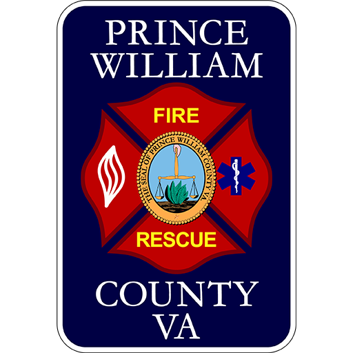 Prince William County VA Fire Rescue emblem with a seal in the center, fire and medical symbols on each side, and "Fire Rescue" written in yellow on a red cross.