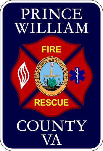 Prince William County VA Fire Rescue emblem with a red Maltese cross, fire and EMS symbols, and the county seal in the center on a dark blue background.