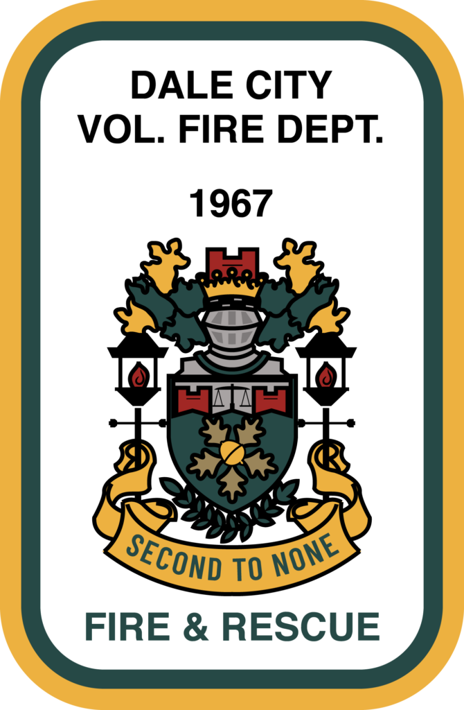 A badge for Dale City Volunteer Fire Department, established 1967, featuring a heraldic crest with oak leaves, a helmet, and the motto "Second to None" above "Fire & Rescue" text.