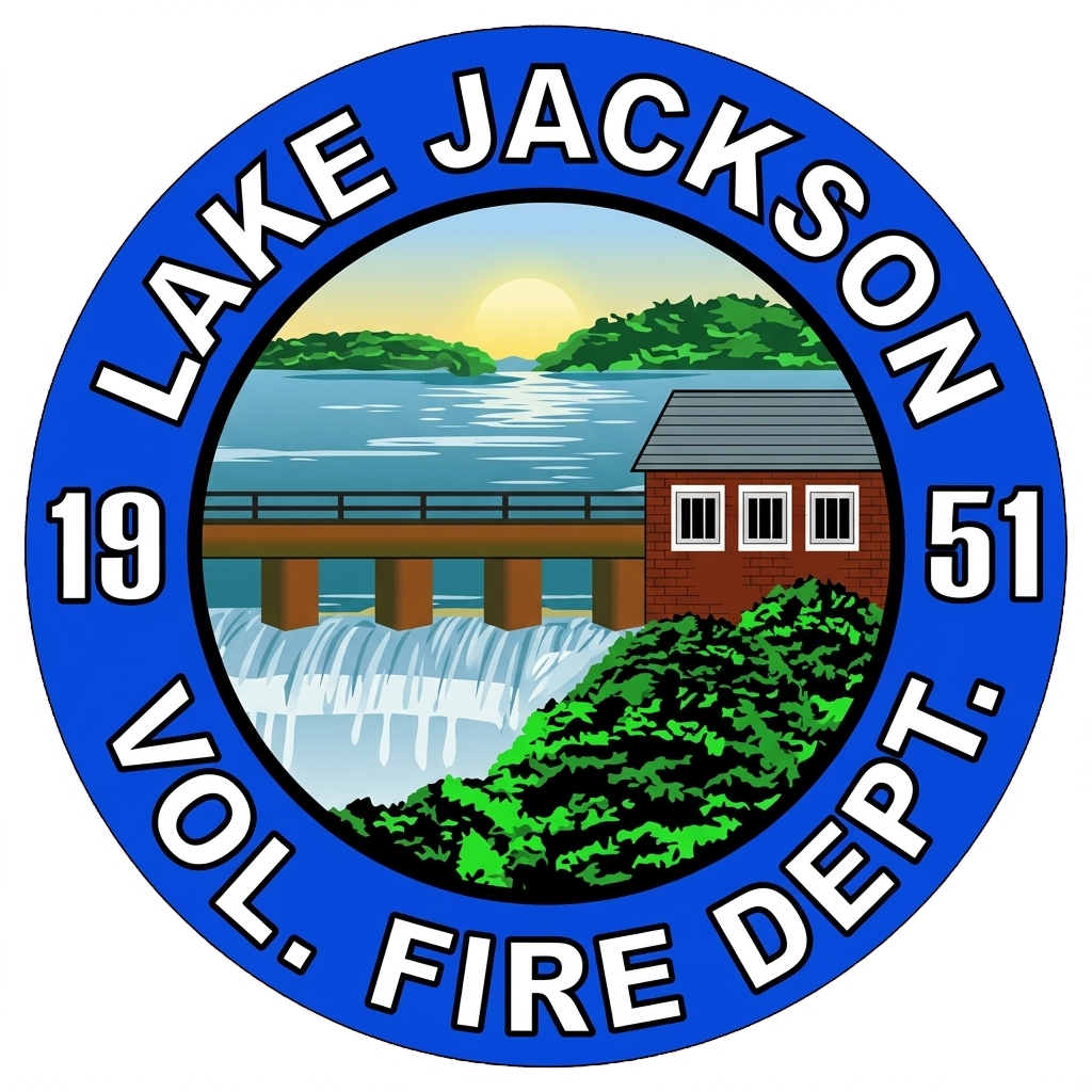 Circular logo for Lake Jackson Volunteer Fire Dept., established 1951. Features a lake, dam, building, greenery, and sunrise at the center, with blue border and white text.