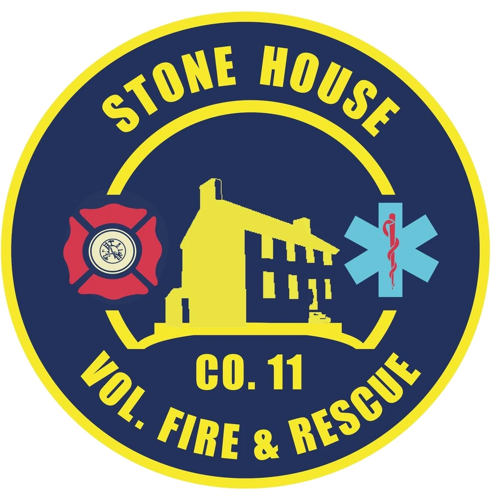Round logo for Stone House Volunteer Fire & Rescue Co. 11 with a yellow stone house, fire department and medical symbols on a blue background, all outlined in yellow text and borders.