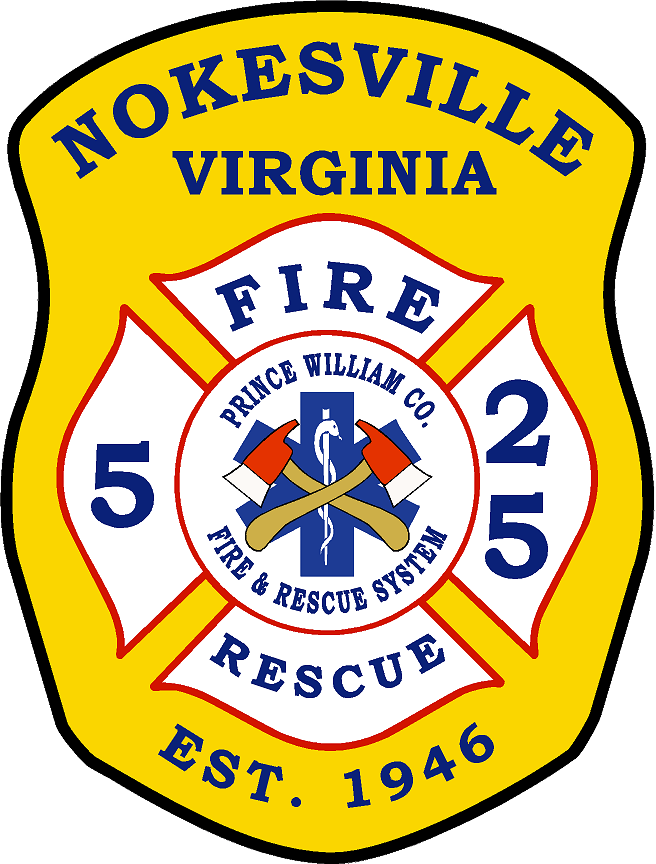 Yellow Nokesville, Virginia Fire Rescue badge featuring “Fire 25 Rescue,” crossed red axes, a blue medical symbol, and “Prince William Co. Fire & Rescue System. EST. 1946” text.
