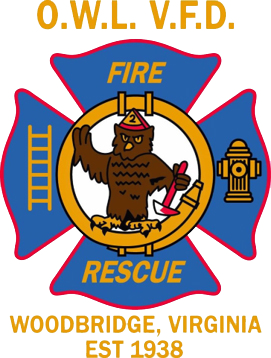 O.W.L. V.F.D. fire rescue logo with an owl in a fire hat holding an axe and hose, fire hydrant, and ladder. Text: Woodbridge, Virginia, Est 1938.